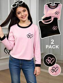 2 pezzi/set Magliette a maniche lunghe con scollo rotondo e stampa a cuori colorblock, per ragazze pre-adolescenti - Multicolore - Visualizzare 1