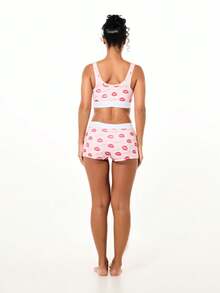 BABYPHAT Conjunto de sujetador tipo bralette y pantalón corto con estampado de labios. Ropa interior a juego de dos piezas con diseño de besos lindos para el Día de San Valentín en color rosa y blanco. - Rosa - Ver 5