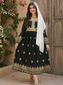 Tween Girl Floral Print Elegant Long Sleeve Dress With Square Neckline, Abaya Dress For Tween Girl, Modest Black And Gold Autumn Evening Party Islamic Gown - Black and Gold - View 7