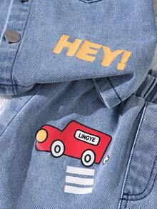 2pcs/Set Baby Boys' Summer Blue Casual Cartoon Traffic Print Denim Shirt With Matching Denim Shorts Set, Suitable For Outings, Casual Wear, And Parties Baby Boy Summer Sets Toddler Boy Clothes Summer Sets Baby Boys Sets - Blue - View 5