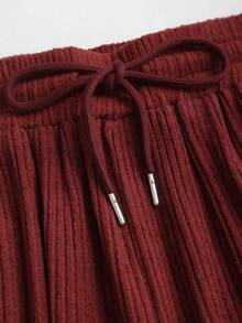 Sweetra Women's New Spring/Autumn/Winter Casual, Home, Office, Solid Color Plush Ribbed Open Front  Ruched Design Adjustable Waistband 2-Piece Set - Burgundy - View 6