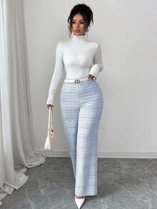 Elenzga 针织弹力格子休闲女裤，高腰修身直筒裤，秋季新品 - 藍白色 - 查看 3