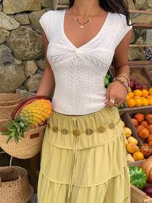 Sunnyshic Women's V-Neck Twist Hollow Out Vacation Short Sleeve Sweater - White - View 5