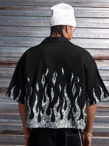 AXEPEAK Men's Front Button Short Sleeve Dropped Shoulder Casual Loose Flame Pattern Shirt - Black - View 2