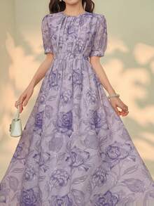 DAZY Women's Floral Print Round Neck Puff Sleeve Elegant Mid-Length Dress - Mauve Purple - View 6