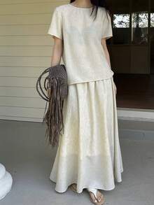 DAZY 女士度假休闲纯色衬衫半裙两件套家居服套装，夏季女士休闲装 - 紫色 - 查看 2
