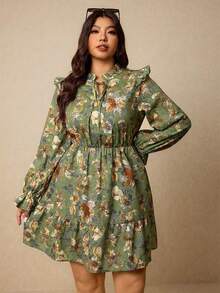 Elaquor 大码立领长袖印花荷叶边下摆休闲连衣裙 - 綠色 - 查看 4