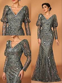 Serin 优雅奢华的串珠、亮片和刺绣网纱泡泡袖V领鱼尾连衣裙，适合婚礼、派对、度假、盛会、节日、新娘、新娘母亲晚礼服等场合。