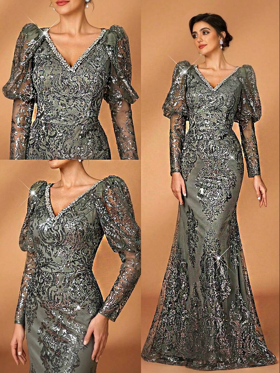 Serin 优雅奢华的串珠、亮片和刺绣网纱泡泡袖V领鱼尾连衣裙，适合婚礼、派对、度假、盛会、节日、新娘、新娘母亲晚礼服等场合。