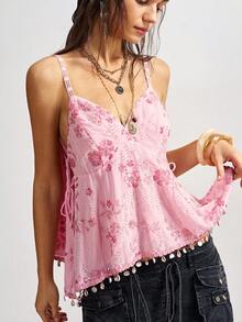 Bohemela 女士V领无袖亮片流苏装饰宽松夏季吊带衫 - 粉色 - 查看 4