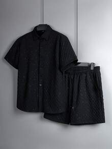 PAVTROS 男士休闲短袖衬衫短裤套装 男士黑色短裤套装 男士服装短裤套装 男士两件套 黑色钩针男士短裤套装 男士短裤套装 - 黑色 - 查看 4