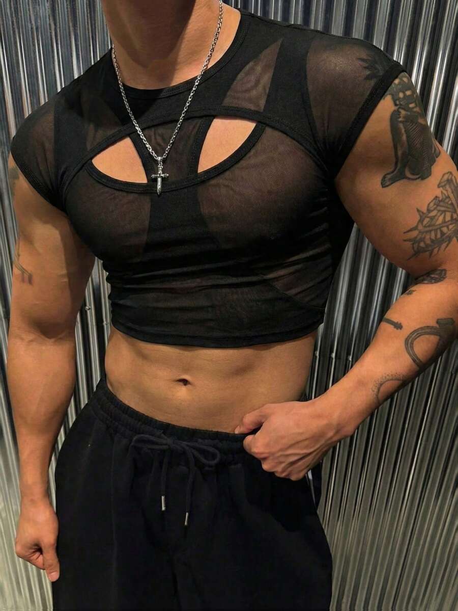 Manfinity Dauomo 男士纯色圆领性感镂空透视短袖T恤 - 黑色 - 查看 1