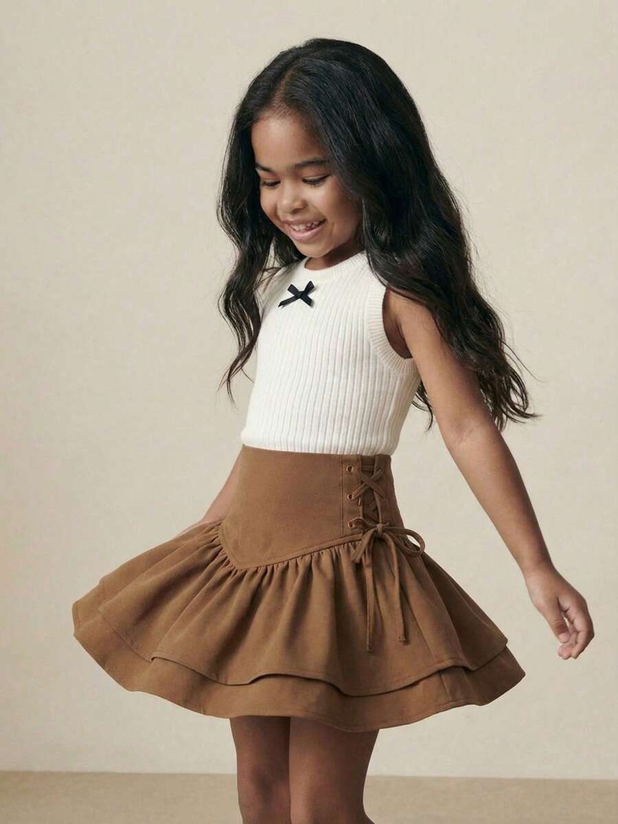 Maija Kids Maija Kids Young Girl Casual Double-Layered Skirt With Ruffle Hem & Side Tie, Great For Casual & Daily Wear & School Daily In Autumn & Winter, Mom And Daughter Matching,Sister And Me Matching - Coffee Brown - View 1