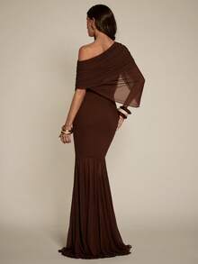 SHEIN BAE 女士纯色褶皱不对称下摆修身连衣裙 - 棕色 - 查看 2