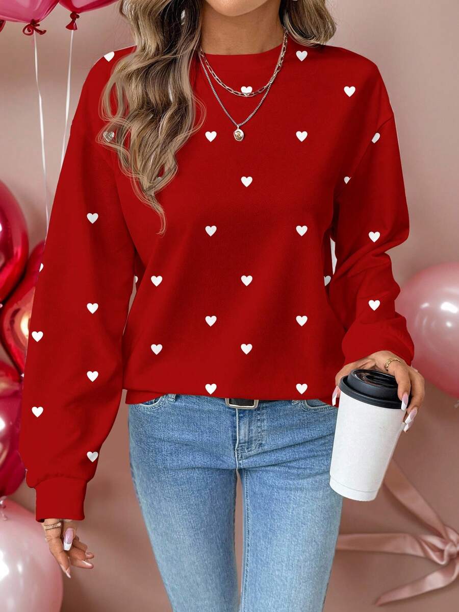 SHEIN LUNE 休闲简约心形图案印花圆领宽松女式卫衣 - 彩色 - 查看 1