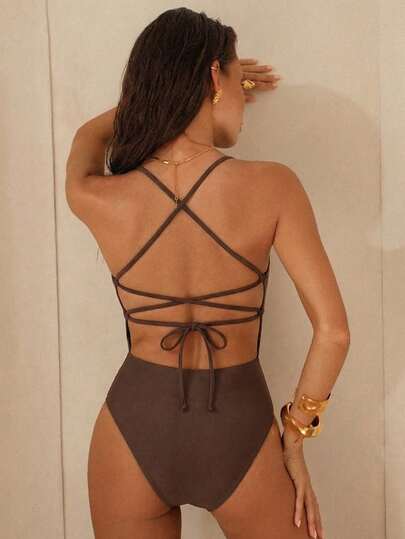 Swim Chiccia Women's Sexy Backless Tie Strap Fitted One-Piece Swimsuit, Minimalist Solid Color For Beach Vacation, Summer Brown One Piece Swimsuit Brown Bodysuit Backless Bodysuit Brown Two Piece Set Women Brown Bikini Set  Valentine's Day Carnival Party Casual Beach Vacation Outfits For Women Holiday