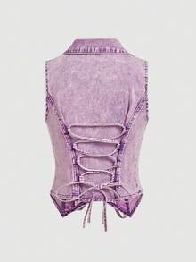 SHEIN MOD Women's Lapel NeckSingle-Breasted Casual Denim Vest Jacket - Purple - View 2