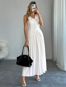 Easowa White Pleated Women's Suit Set, Vest And Pleated A-Line Skirt, Suitable For Elegant Commuting, Business Commuting, Wedding Guest Attire, Spring/Summer - White - View 5