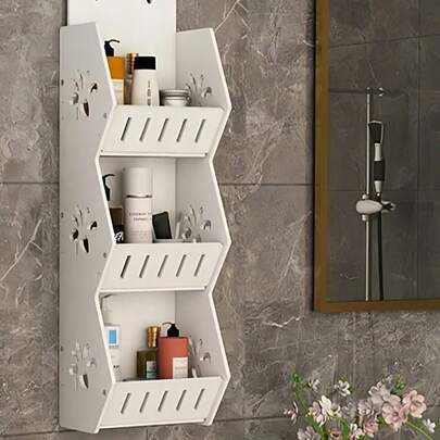1 pieza Estantería de baño montada en la pared con ganchos, hecha de material plástico blanco. Una estantería de almacenamiento multifuncional montada en la pared del baño, resistente a la humedad, de gran capacidad para artículos de tocador, organizador de baño de varios niveles y sin perforaciones. Adecuado para almacenar artículos de tocador, cosméticos y cepillos de dientes.