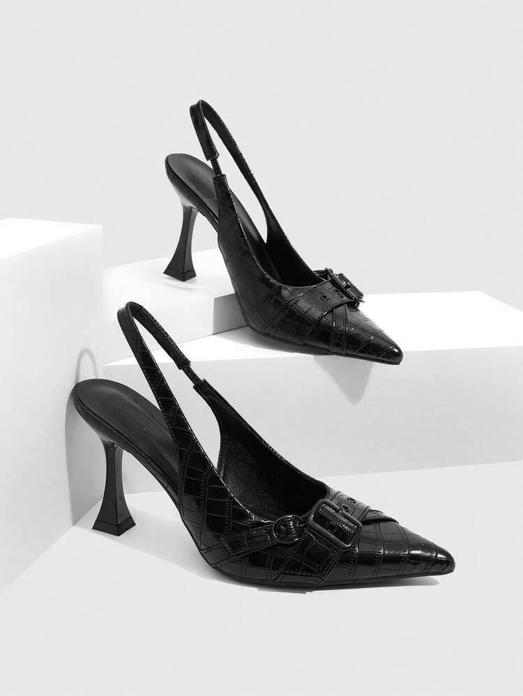 CUCCOO SZL Women's High Heels Pointed 9CM Elegant Wine Glass Heel Women's Cute Bow Kitten Heel Stiletto High Heels PU Mirror Texture Back Strap Easy To Wear Buckle Women's Black High Heels For Daily/Party/Dating/Office/Party Dance/Women's Shoes Valentine's Day