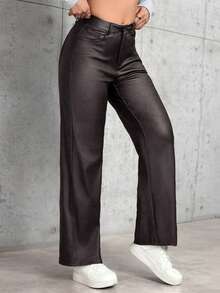 SHEIN PETITE Women's Solid Color Slant Pocket Casual Straight Leg Pants ,Petite Women - Coffee Brown - View 5