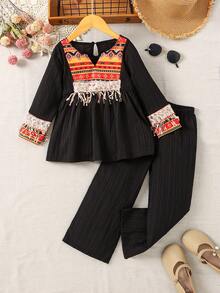 女童中东图腾印花拼接撞色长袍罩衫，黑色SADU纹理面料，舒适拼接图腾印花V领流苏时尚休闲长袖衬衫+阔腿裤两件套 - 黑色 - 查看 3