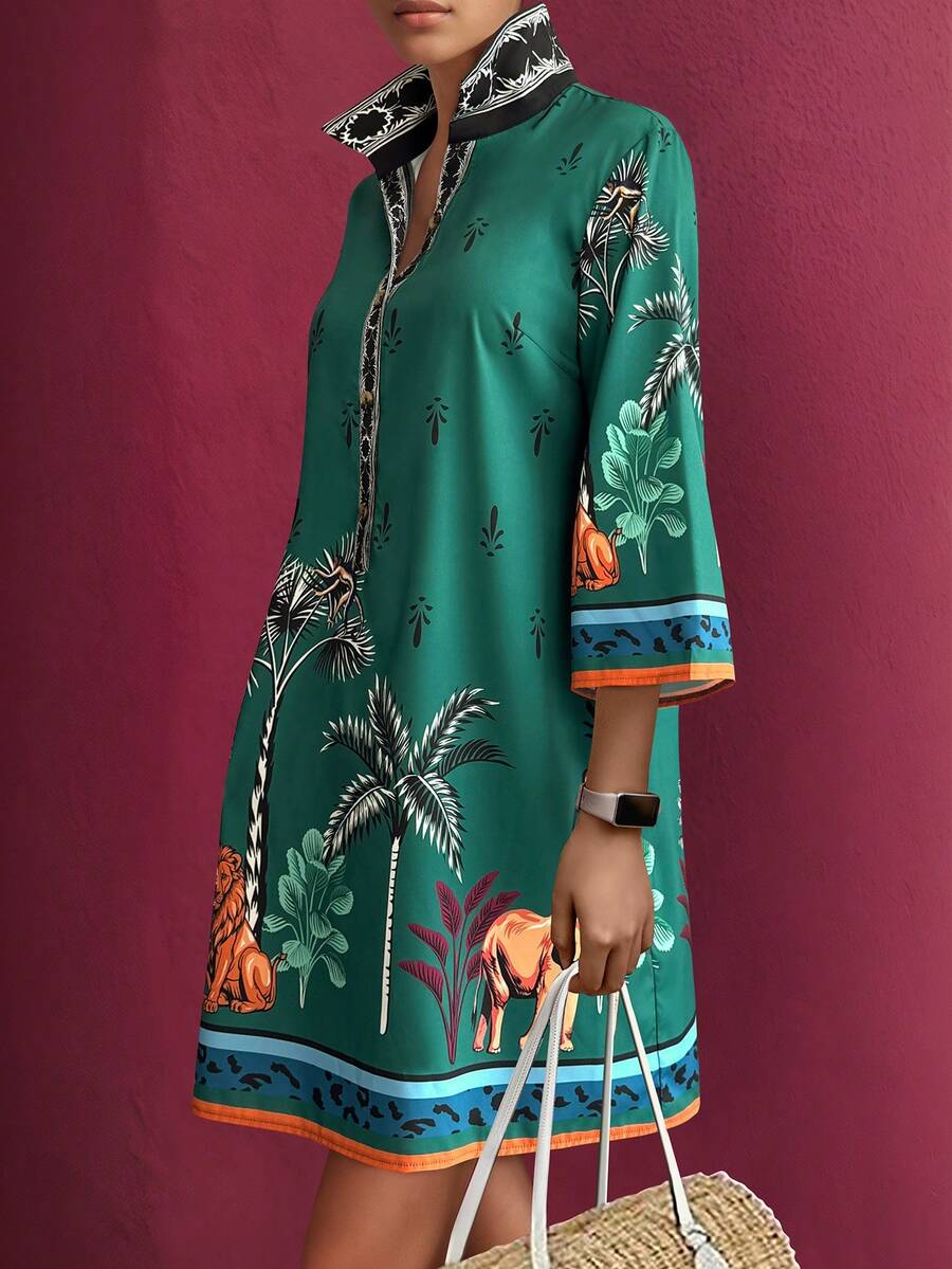 EMERY ROSE 大码女装春夏动物花卉印花短袖衬衫领休闲中长连衣裙 - 軍綠色 - 查看 1