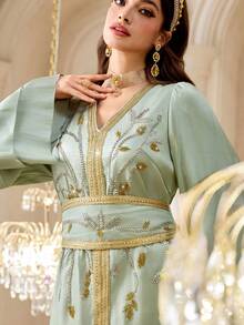 Al Najma Women's V-Neck Beaded Floral Pattern Cinching Waist Design Elegant Cinched Waist Arabic Style Dress - Green - View 1