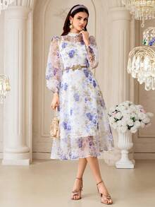 Modelyn Women's Floral Print Stand Collar Lantern Sleeve Elegant Mid-Length Dress - Blue - View 5