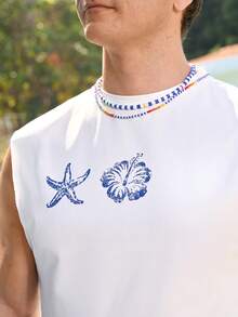 Manfinity VDAYZ Standard Size Men's Casual Shell, Starfish, Hibiscus Pattern White Tank Top, Suitable For Summer Outings - White - View 4
