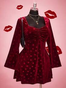 SHEIN ICON 大码女士情人节优雅爱心丝绒连衣裙 - 紅色 - 查看 5