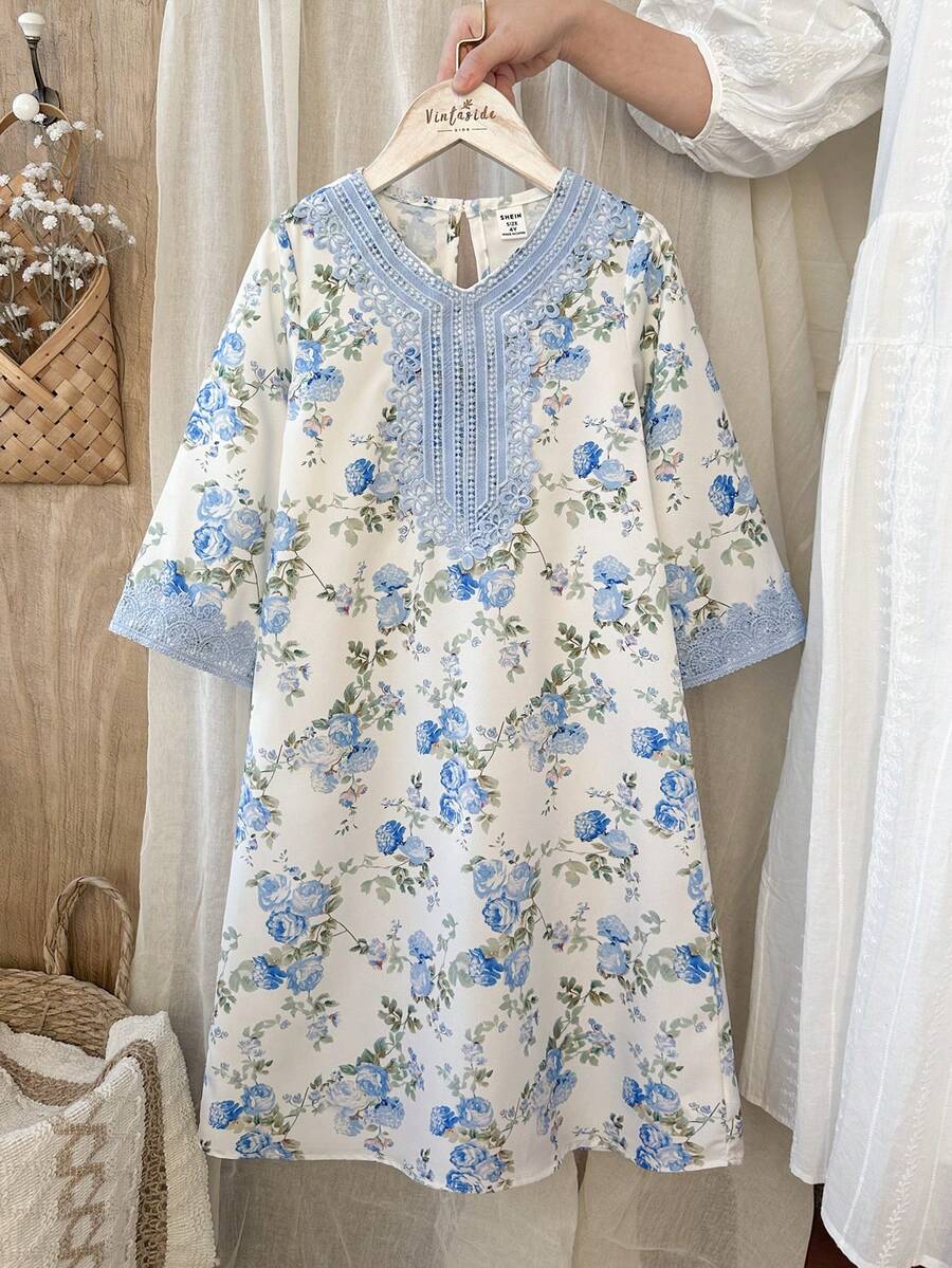 SHEIN Vintaside Kids 女童黄色碎花长袖连衣裙，时尚荷叶边设计，休闲外出穿着，春秋季款