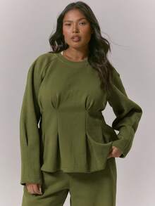 MUSERA Plus Cinched Waist Flared Hem Balloon Sleeve Sweatshirt Top Only Classy Cute Sexy Streetwear   Night Out Curve Spring - Army Green - View 1