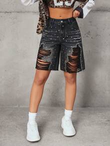 StreetHx Y2K Distressed Ripped Denim Shorts - Black - View 6