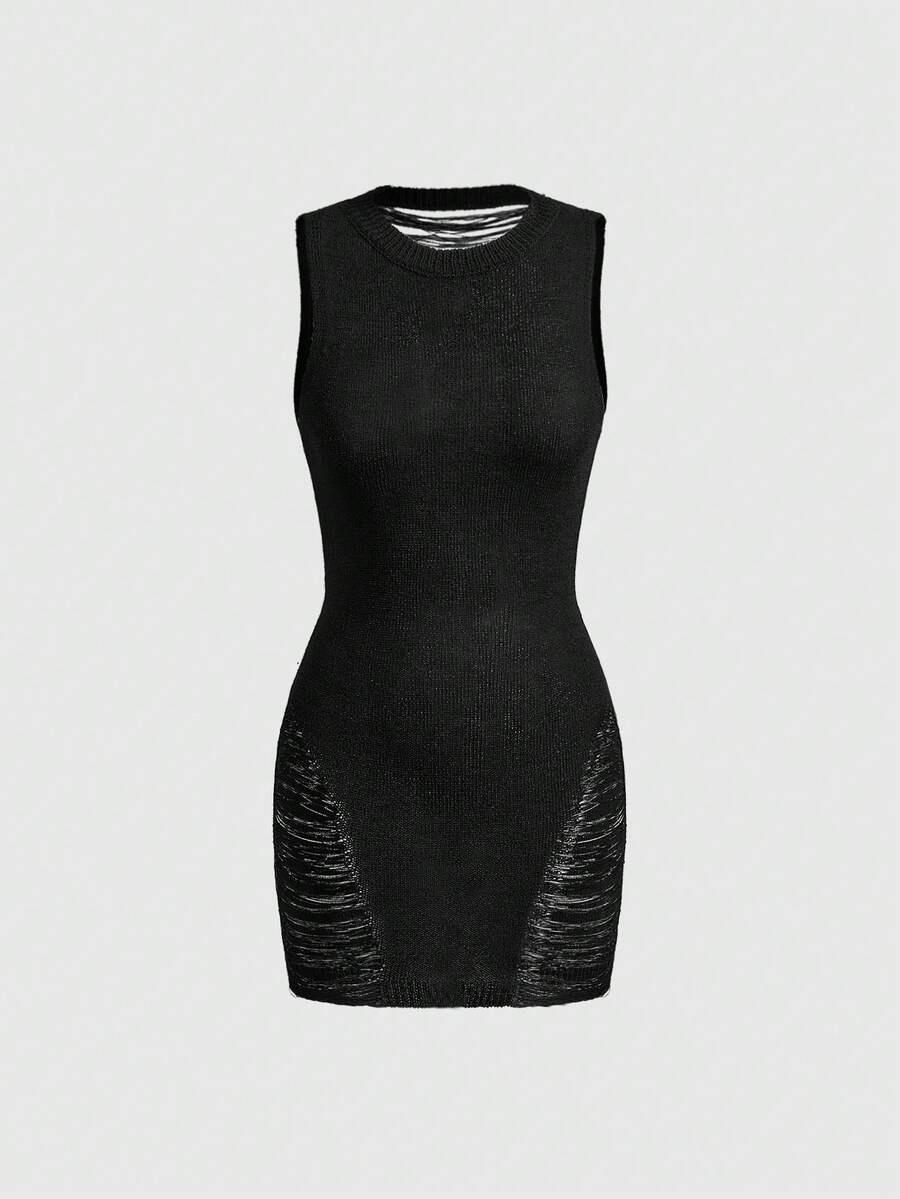 ROMWE Grunge Punk Punk Chic Hollow-Out Backless Sexy Women Knitted Sweater & Mini Skirt Set - Black - View 1