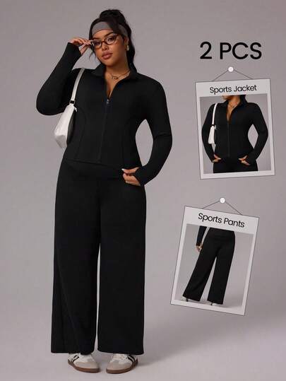 Rhythm Era Rhythm Era Women Plus Size Casual Zipper Jacket With Thumb Hole & High Waist Flare Pants 2 Pieces Set Workout Women Set Y2k
