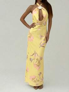 Aloruh 优雅度假吊带贝壳装饰收腰荷叶边下摆黄色印花长裙 女士纯色休闲吊带露背印花宽松夏威夷度假连衣裙 米黄色夏季连衣裙 波西米亚风女装 婚礼宾客礼服 沙滩派对礼服 - 鵝黃色 - 查看 15