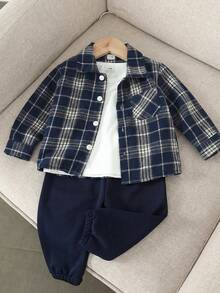 Toddler Boys' Casual Plaid Shacket With White Short Sleeve Tee And Navy Blue Pants Outfit - Multicolor - View 6