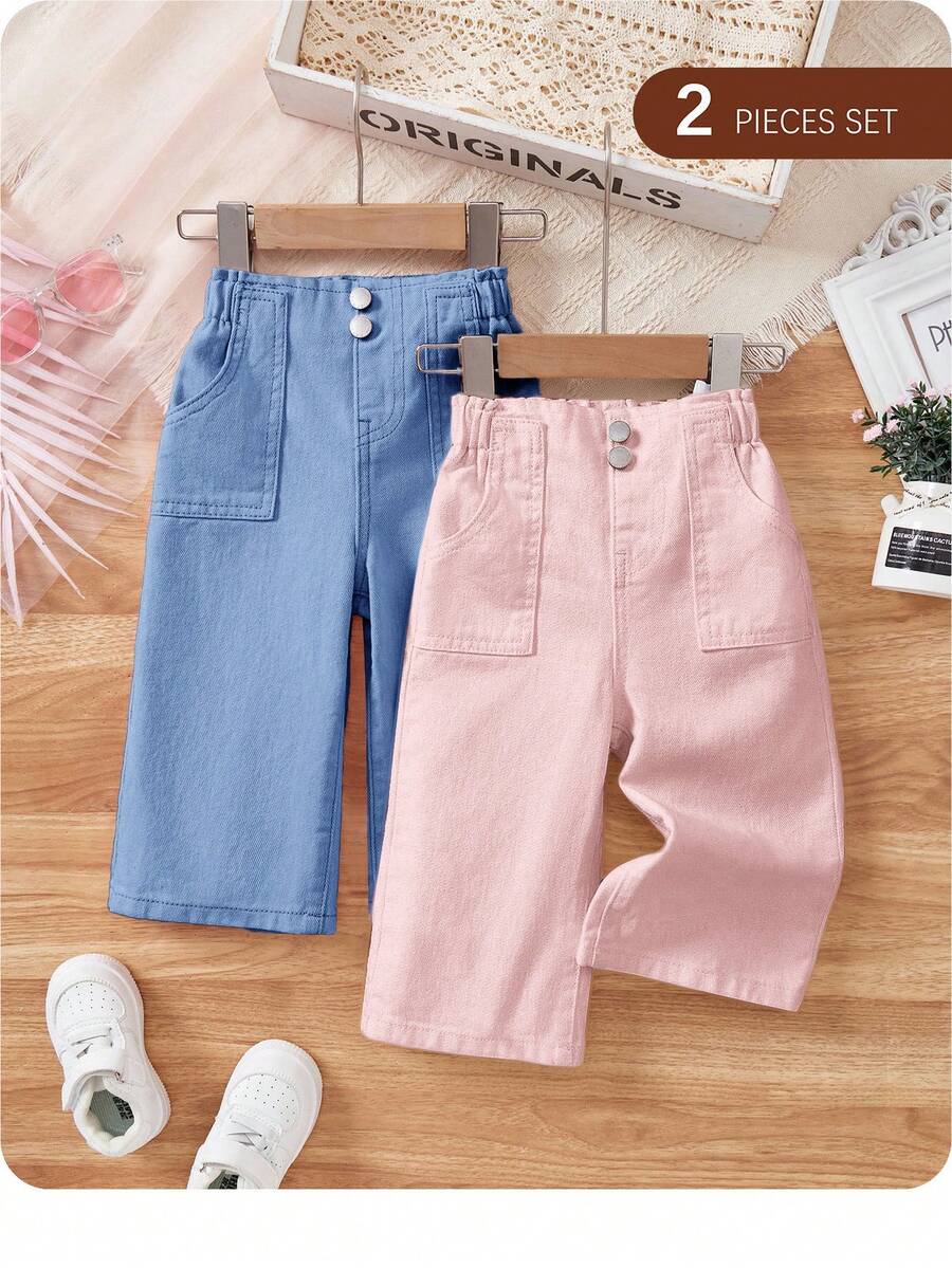 SHEIN 2件套女童蓝粉色宽松直筒牛仔裤，春夏休闲度假乡村波西米亚风，适合海滩、西部街头风、春假、锐舞音乐节等场合穿着。 - 彩色 - 查看 1