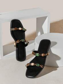 SHUZIA Women's Minimalist Comfortable, Durable, Double Band Slip-On Flat Sandals With Metal Ornaments - Black - View 7