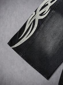 Manfinity ZONE917 男女皆宜的美式水洗黑色刺绣牛仔裤 - 黑色 - 查看 5