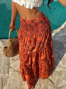 SHEIN Unity Women's Bohemian Print Skirt, Casual Holiday Daily Wear - Burnt Orange - View 6