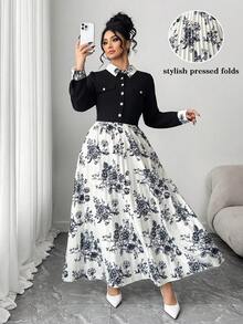 SHEIN Elenzya Robe décontractée à manches longues avec taille cintrée et imprimé, tailles grandes