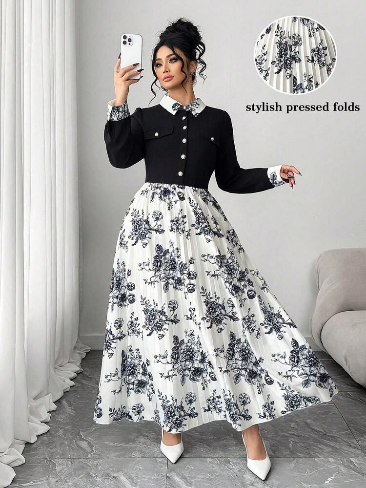 SHEIN Elenzya 大码女式休闲印花长袖收腰连衣裙 - 黑色 - 查看 1