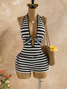 Soleia 女士白色纹理针织露背连体裤，饰有圆形圆环，优雅性感，适合万圣节、圣诞节、度假等场合。 - 彩色 - 查看 3