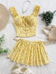 Soleia 女士碎花系带上衣和迷你裙度假套装 - 彩色 - 查看 1