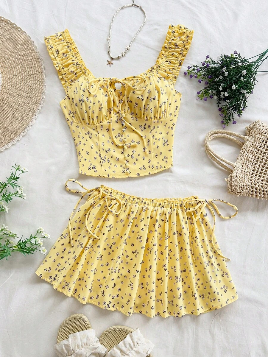 Soleia 女士碎花系带上衣和迷你裙度假套装 - 彩色 - 查看 1