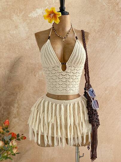 Soleia Women's Vacation Beach Backless Halter Knit Top & Tassel Decor Skirt 2 Pieces Set