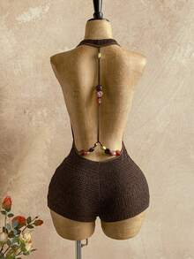 Soleia New Casual Vacation Western Beach Wedding Guest Attire Graduation Brunch Women's St. Patrick's Day Spring Break Easter Music Festival Elegant Bohemian Tropical Halter Backless Metal Beaded Textured Jumpsuit - Multicolor - View 1