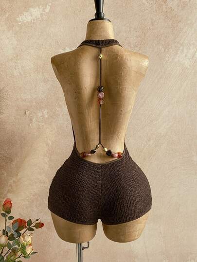 Soleia New Casual Vacation Western Beach Wedding Guest Attire Graduation Brunch Women's St. Patrick's Day Spring Break Easter Music Festival Elegant Bohemian Tropical Halter Backless Metal Beaded Textured Jumpsuit